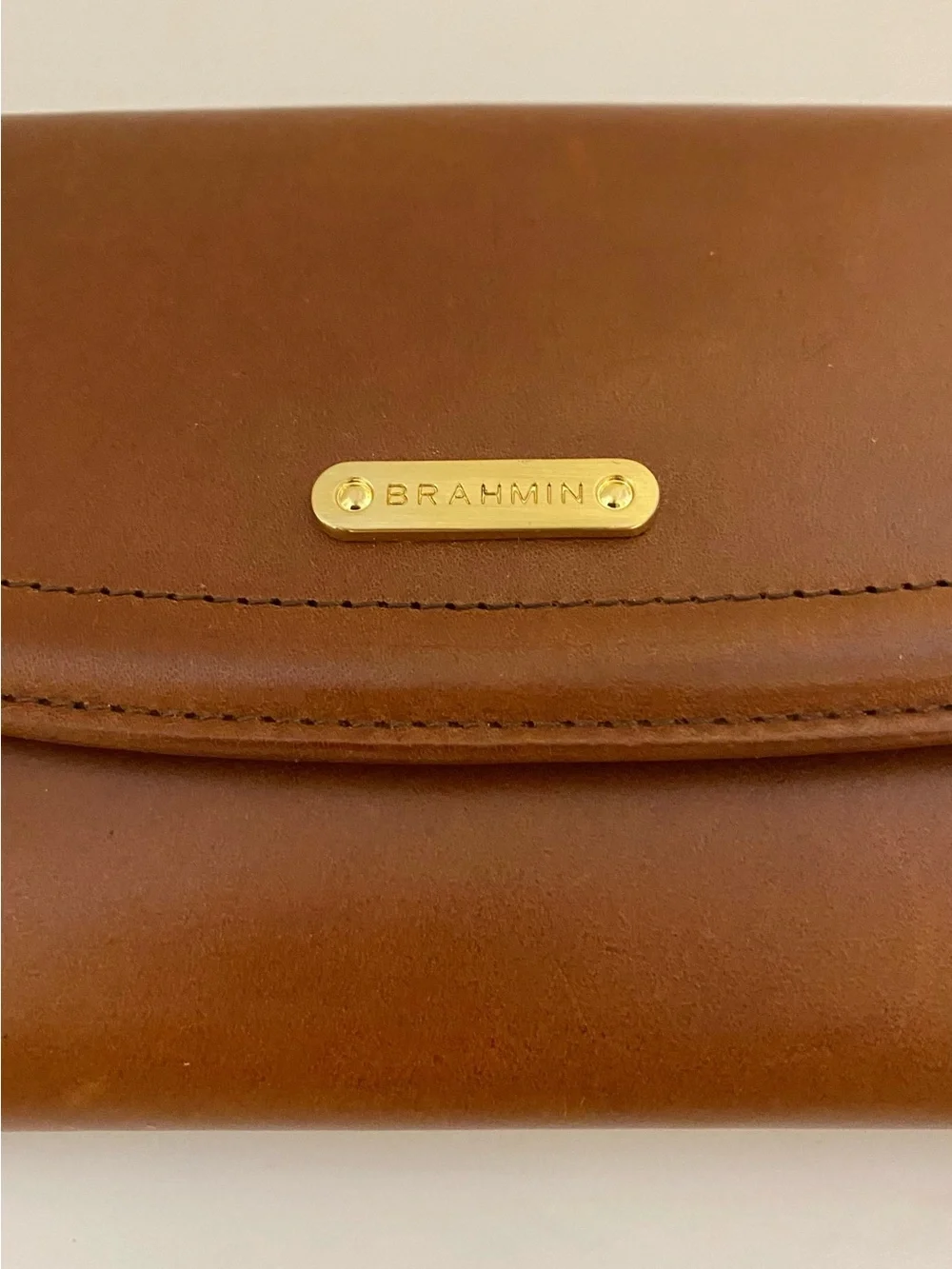 NWT Brahmin Cognac Brown Leather Foldover Wallet with Gold Accent Plaque